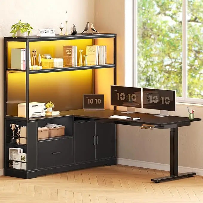 L Shaped Standing Desk Adjustable Height Corner Office Gaming Desk with Drawers