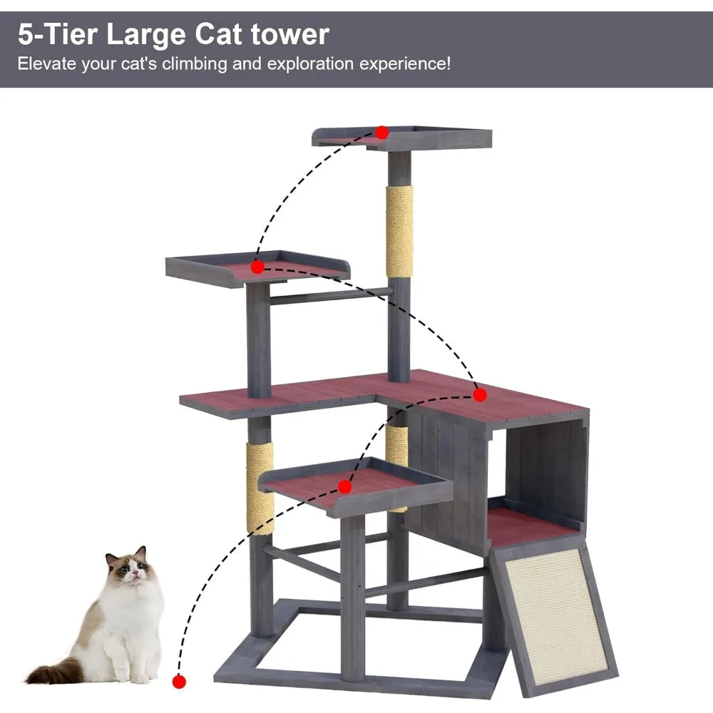 Ljustra Outdoor Cat Tree 67" Weatherproof Wood Tower with Condo Perches