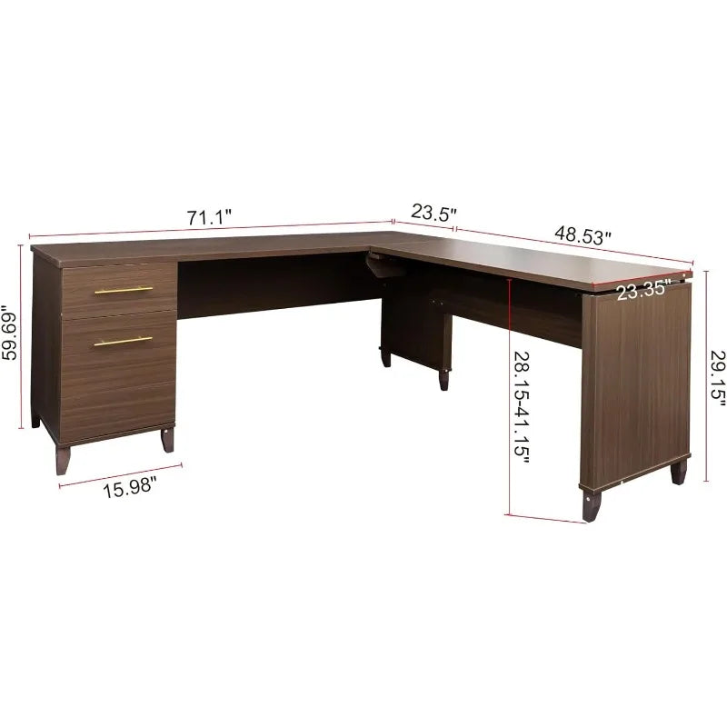 L-Shaped Adjustable Sit to Stand Desk with 2 Drawer File Cabinet Brown