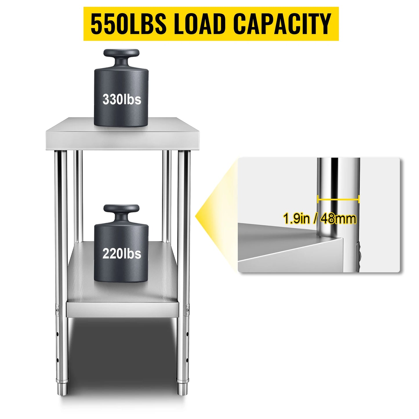 VEVOR Stainless Steel Prep Table Heavy Duty Adjustable Undershelf 550lbs