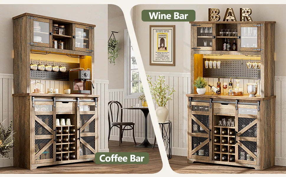 Kitchen Buffet Cabinet with Power Outlet LED Light 70 inch Storage Shelves