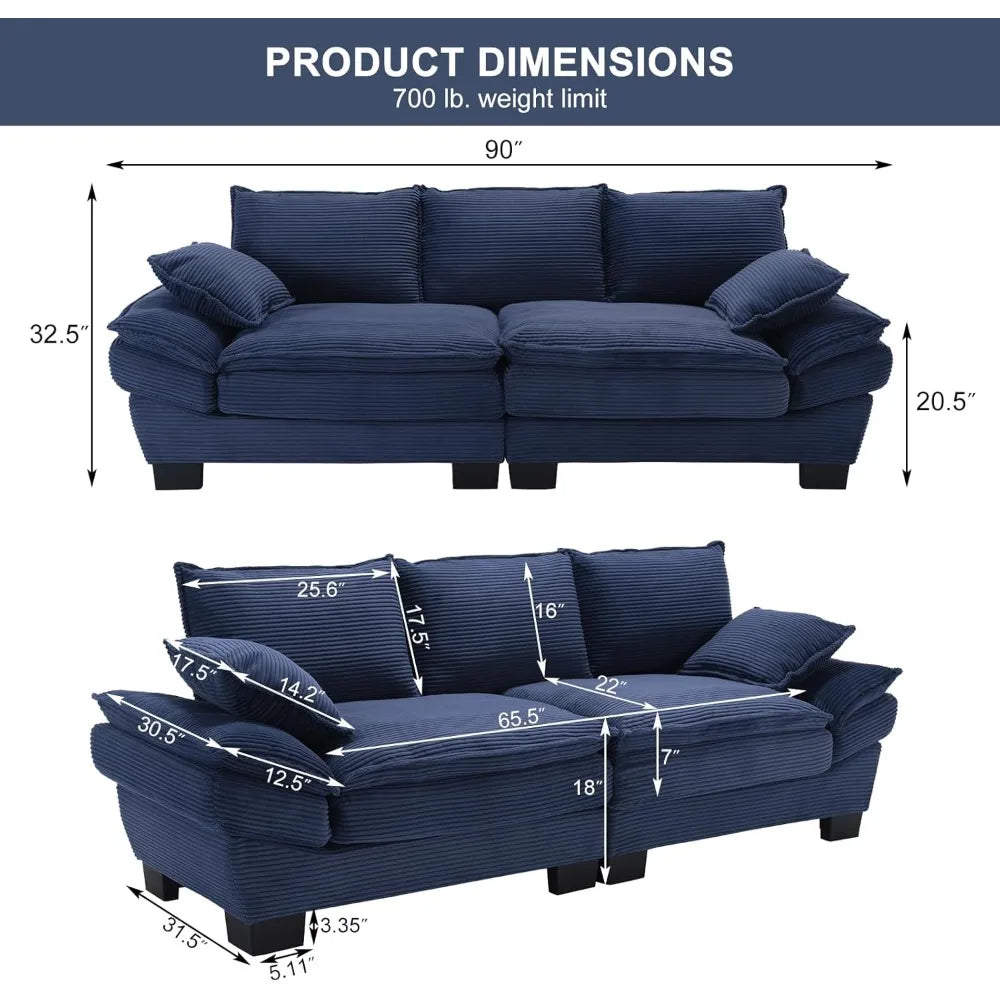90” Blue Corduroy Oversized Loveseat Sofa Deep Seat Couch Modern Living Rooms