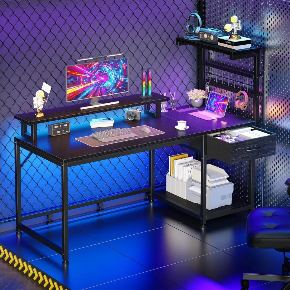 Ljustra 48 Inch Reversible Computer Desk with Power Outlets and LED Lights