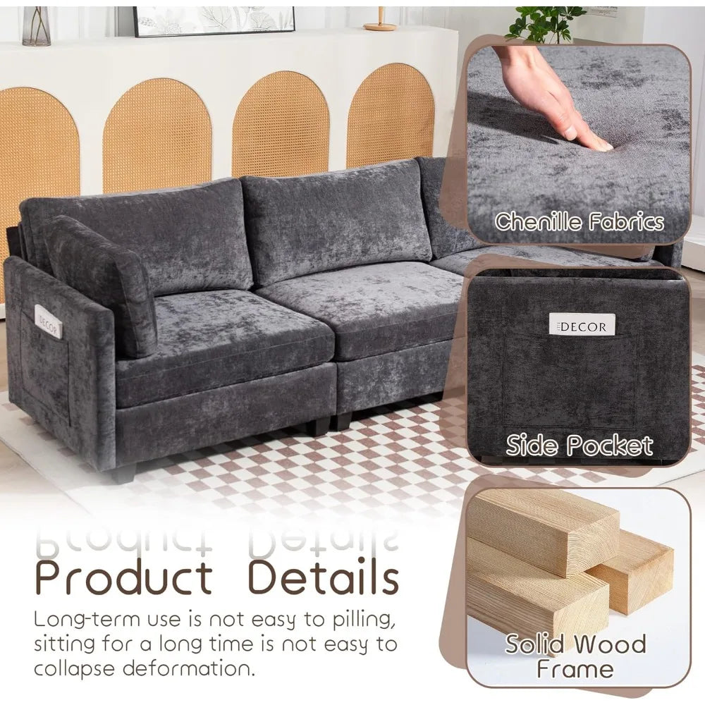 Modern Chenille 3-Seater Sofa w/ Storage, Deep Cushions, 111" Couch, Grey