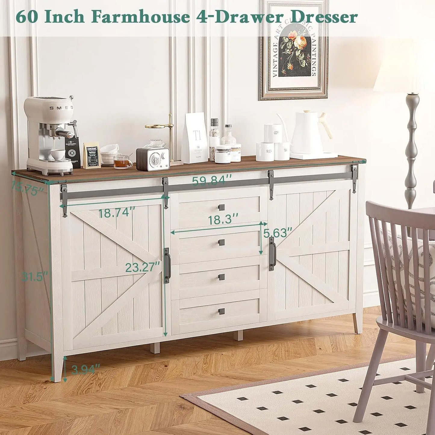 60 Inch Farmhouse Dresser 4 Drawers Rustic Chest of Drawers Bedroom