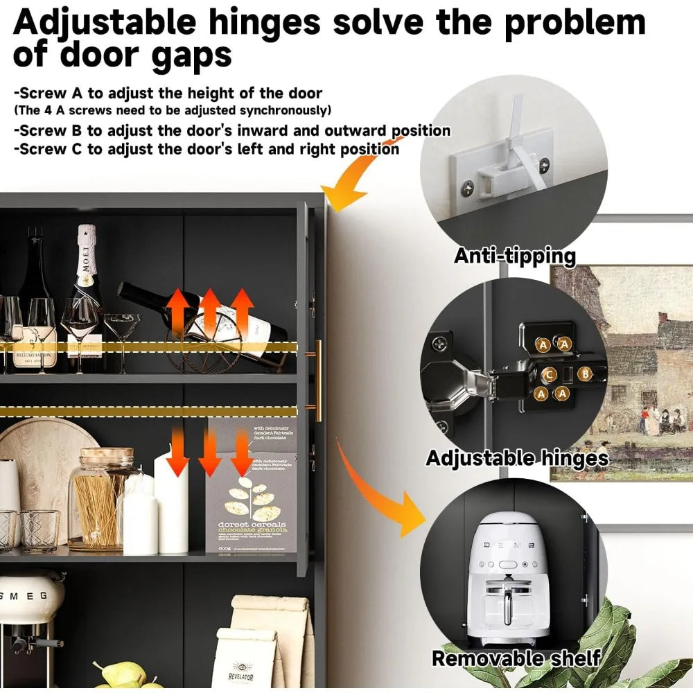 71 Inch Tall Kitchen Pantry Cabinet Fluted Storage with Glass Doors