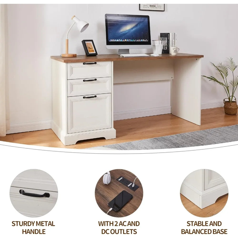 60 Inch L Shaped Executive Desk with File Cabinet and Charging Station