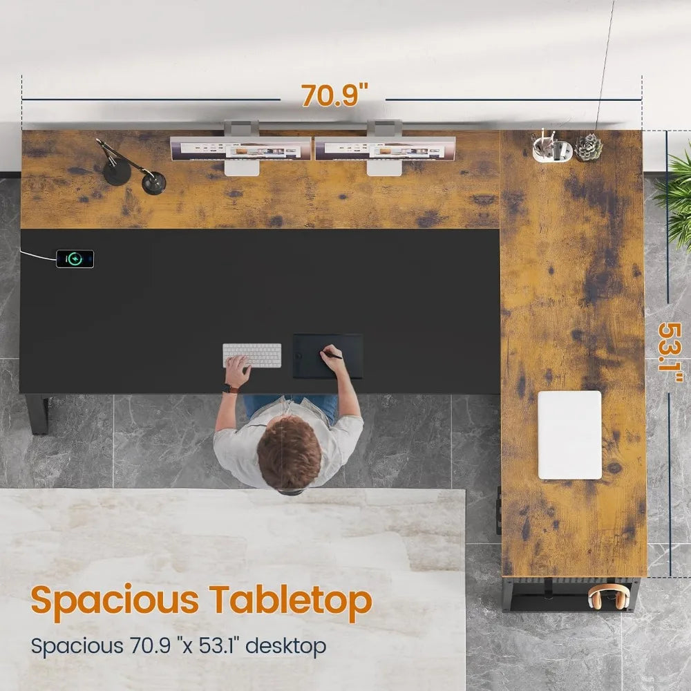 71 Inch Executive L Shaped Desk with Power Outlets and Storage