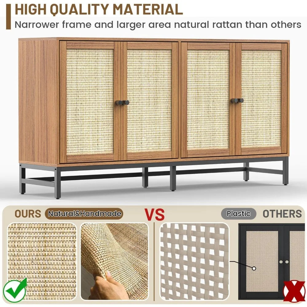 Rattan Sideboard Buffet Cabinet 59" Mid Century Modern Storage Console