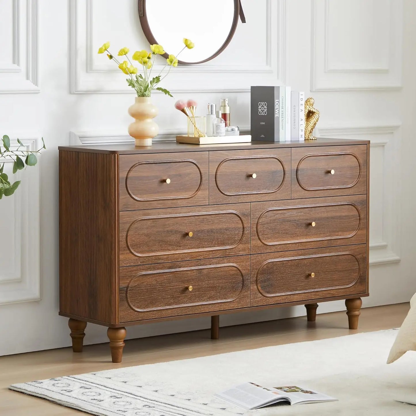 7 Drawer Fluted Dresser Mid Century Modern Chest of Drawers Organizer