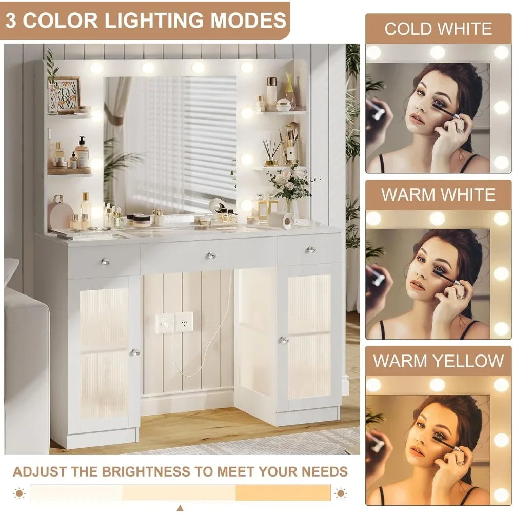 Makeup Vanity Desk with Mirror and Lights Storage Cabinet for Bedroom