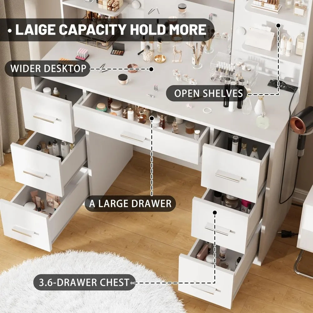 Vanity Desk with Mirror LED Lights Power Outlet 7 Drawers Storage