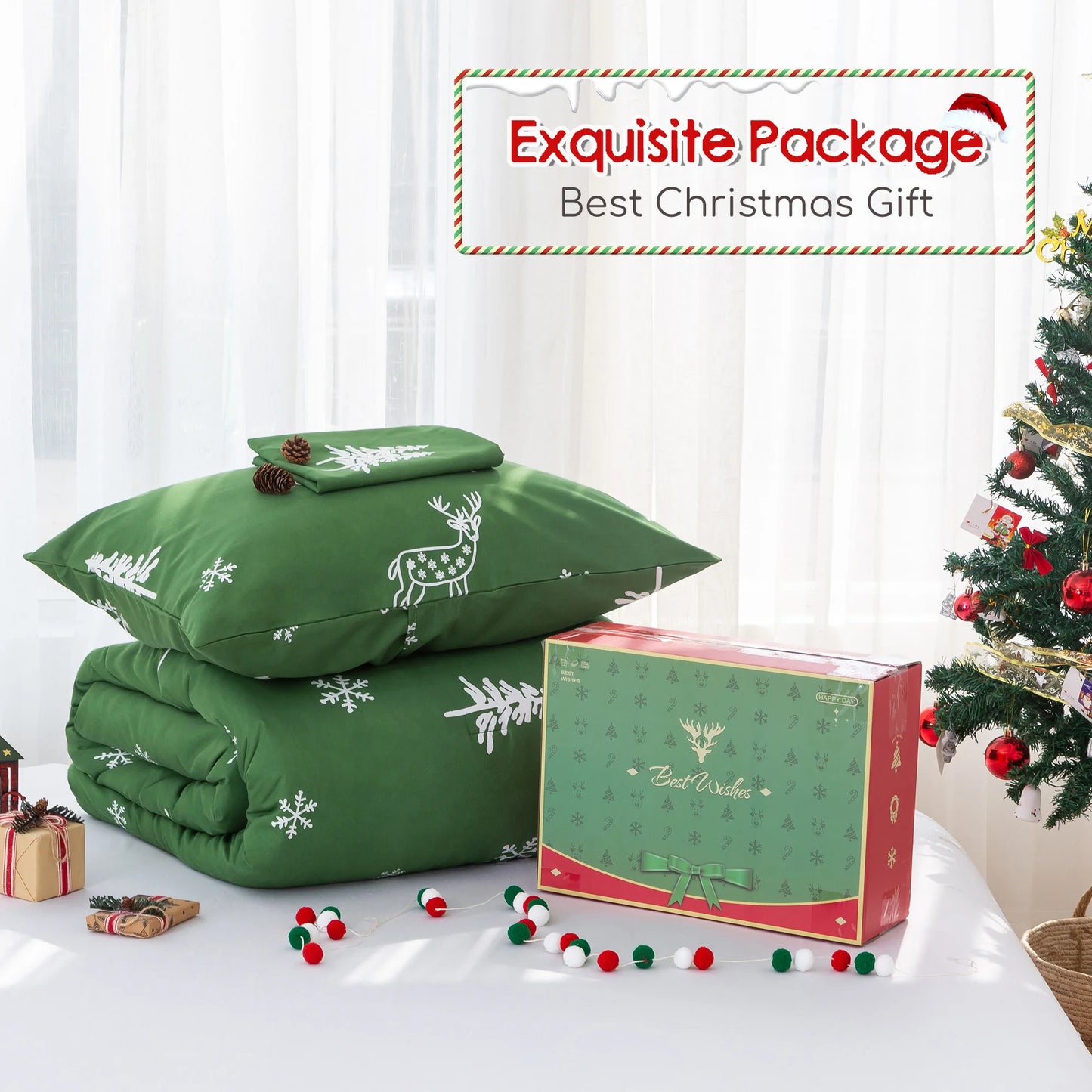Soft PolyCotton Queen Comforter Christmas Reindeer Bedding Set