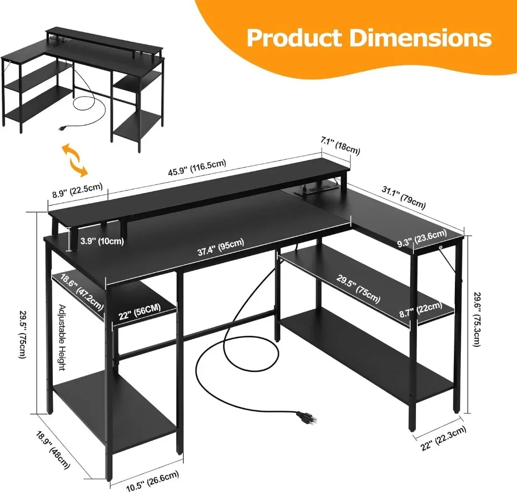 L Shaped Gaming Desk with LED Lights Power Outlets Reversible Design