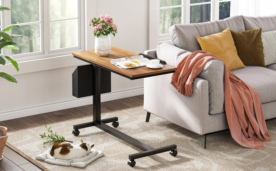 Tribesigns Height Adjustable C Shaped End Table with Wheels and Pocket