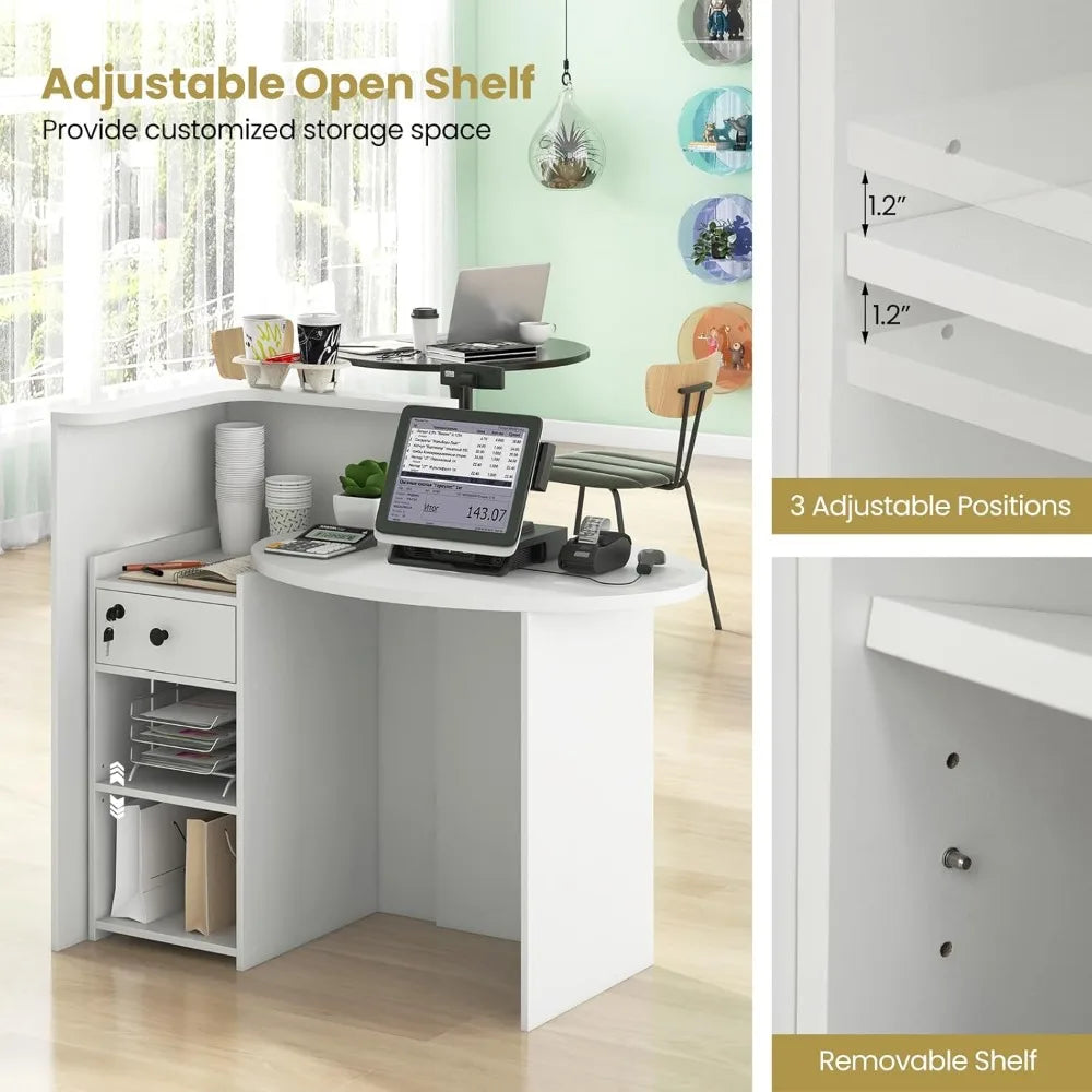 Front Counter Desk with Lockable Drawer Adjustable Shelf for Office Beauty