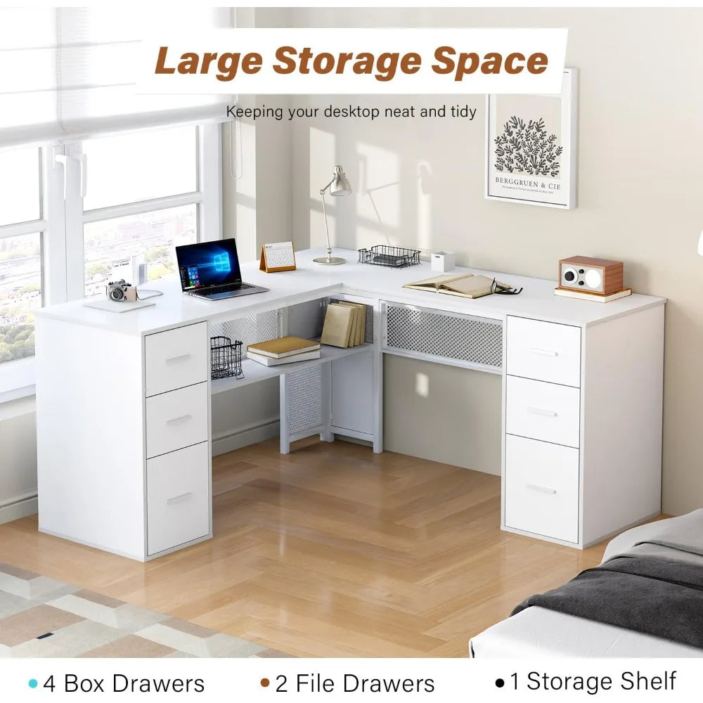 L Shaped Desk with Drawers Storage Corner Computer Desk Home Office