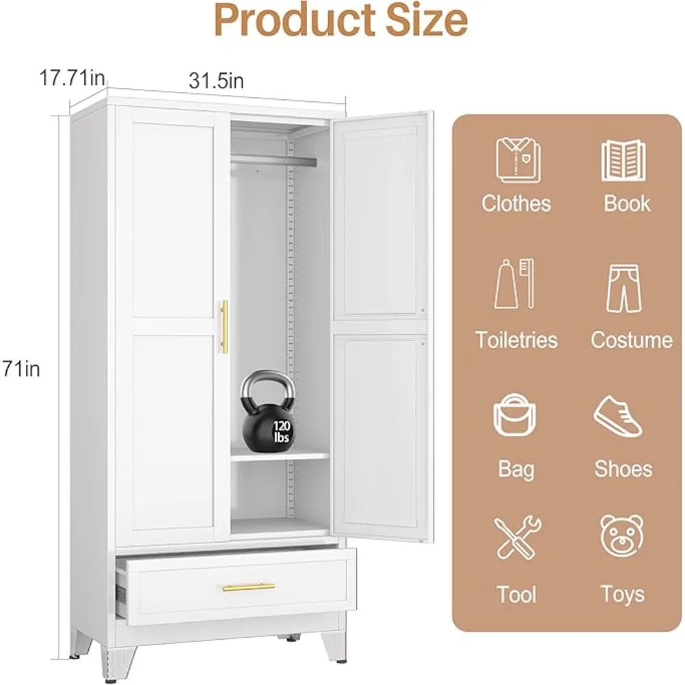 2 Doors Wardrobe, 71'' Metal Wardrobes Closet with Drawers and Hanging Rod, Metal Closet with Adjustable Shelves for Bedroom