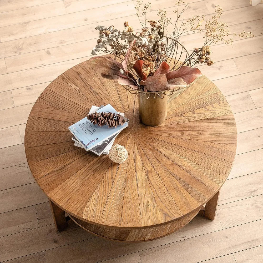 Wood Round Coffee Table 2 Tier Rustic Natural Living Room Storage