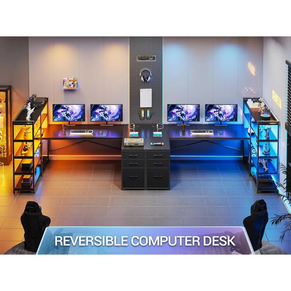 L Shaped Gaming Desk with Power Outlet Storage Shelves LED Lights
