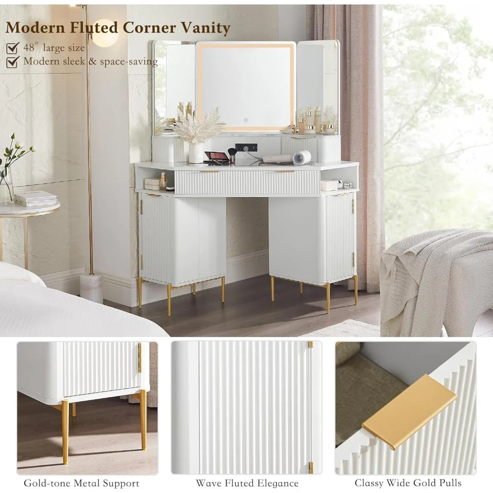 Corner Vanity Desk with Mirror Lights Storage and Charging Outlet