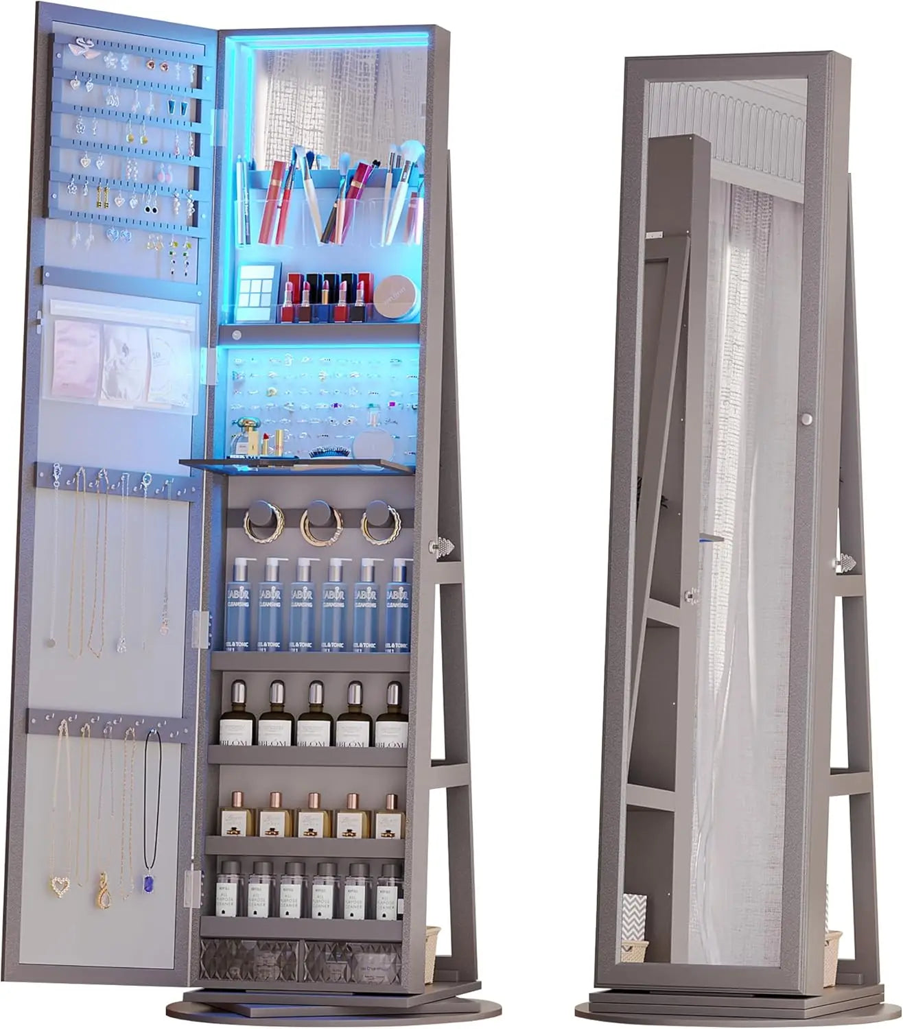 360 Degree Swivel Jewelry Armoire Lockable Cabinet with LED Light