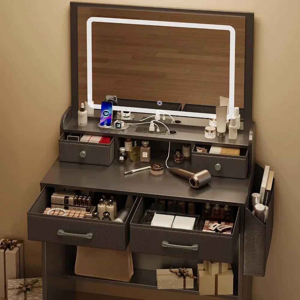 Ljustra Vanity Desk with LED Lighted Mirror and 4 Fabric Drawers