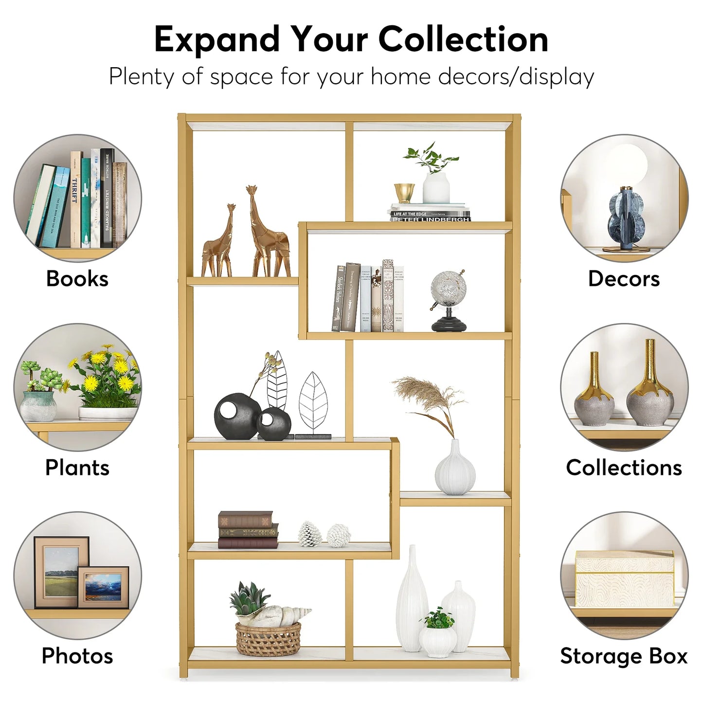 Tribesigns Gold 8-Shelf Etagere Bookcase Modern Display Shelf