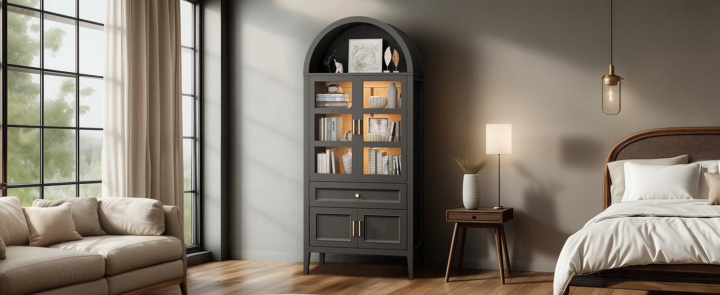 Modern Arched Cabinet with Glass Doors Auto Sensor LED Lights