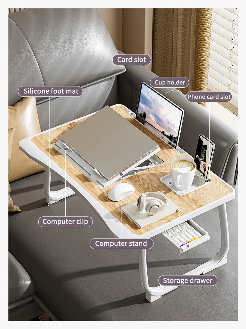 Portable Adjustable Height Foldable Laptop Bed Desk with Storage Drawers