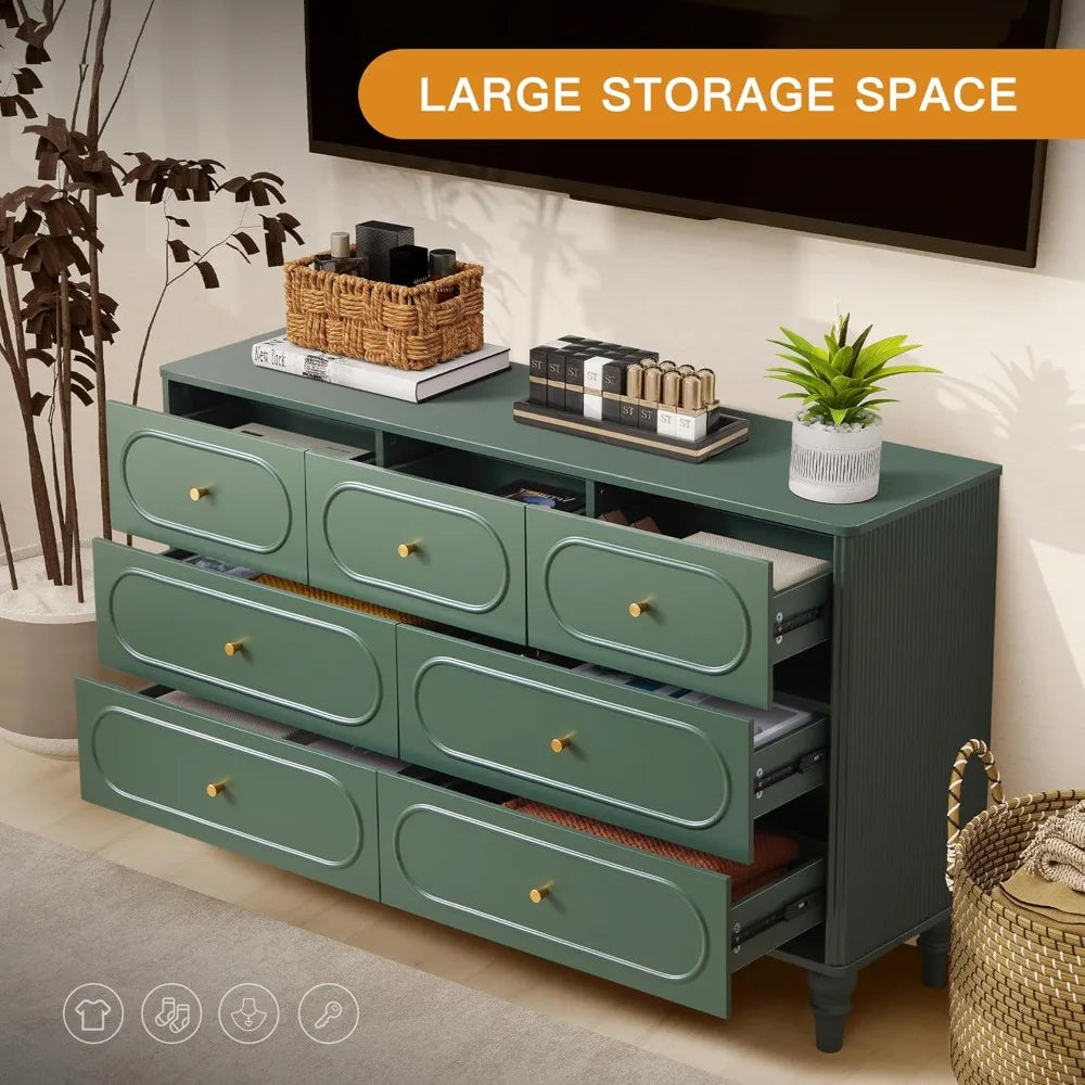 7 Drawer Fluted Dresser Mid Century Modern Chest of Drawers Organizer