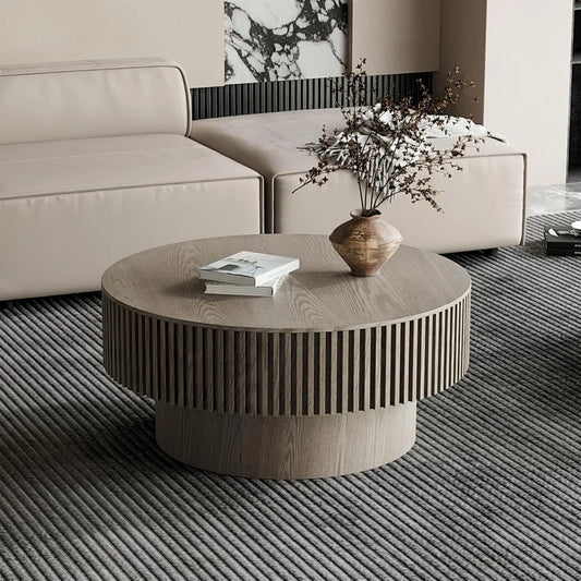 Modern Round Coffee Table Solid Wood Grey 31.5 Inch for Living Room