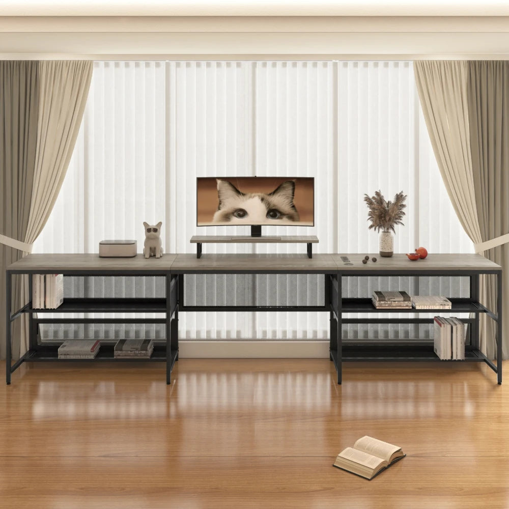 U Shaped Desk with LED Lights Power Outlets Monitor Stand Gaming Office