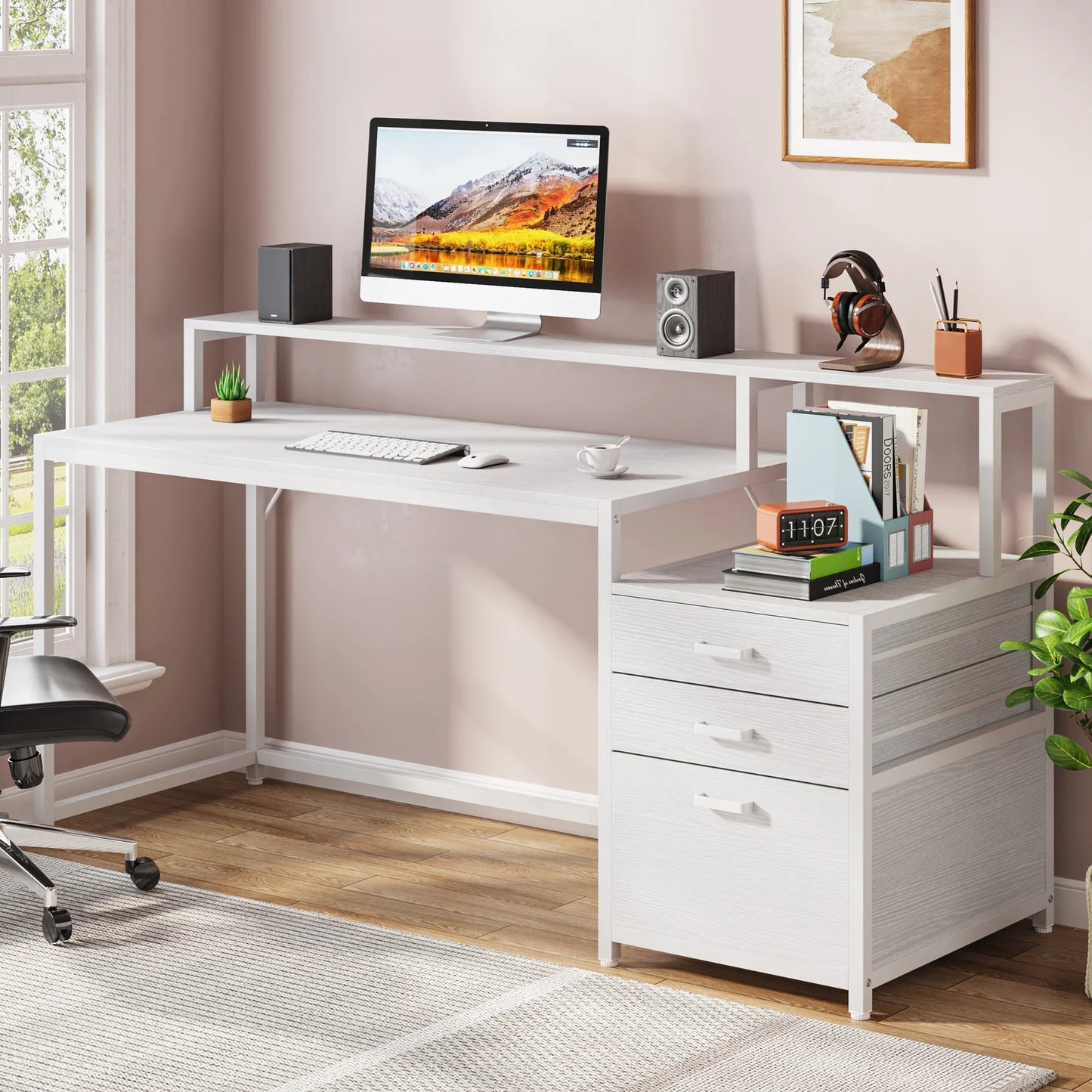 Ljustra 63 Inch Ergonomic Computer Desk with File Drawer Cabinet