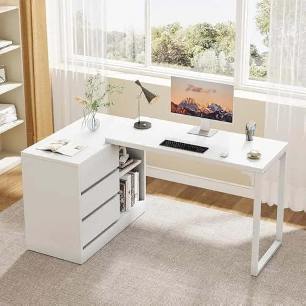 L-Shaped Computer Desk with Storage Cabinet Modern Corner Home Office