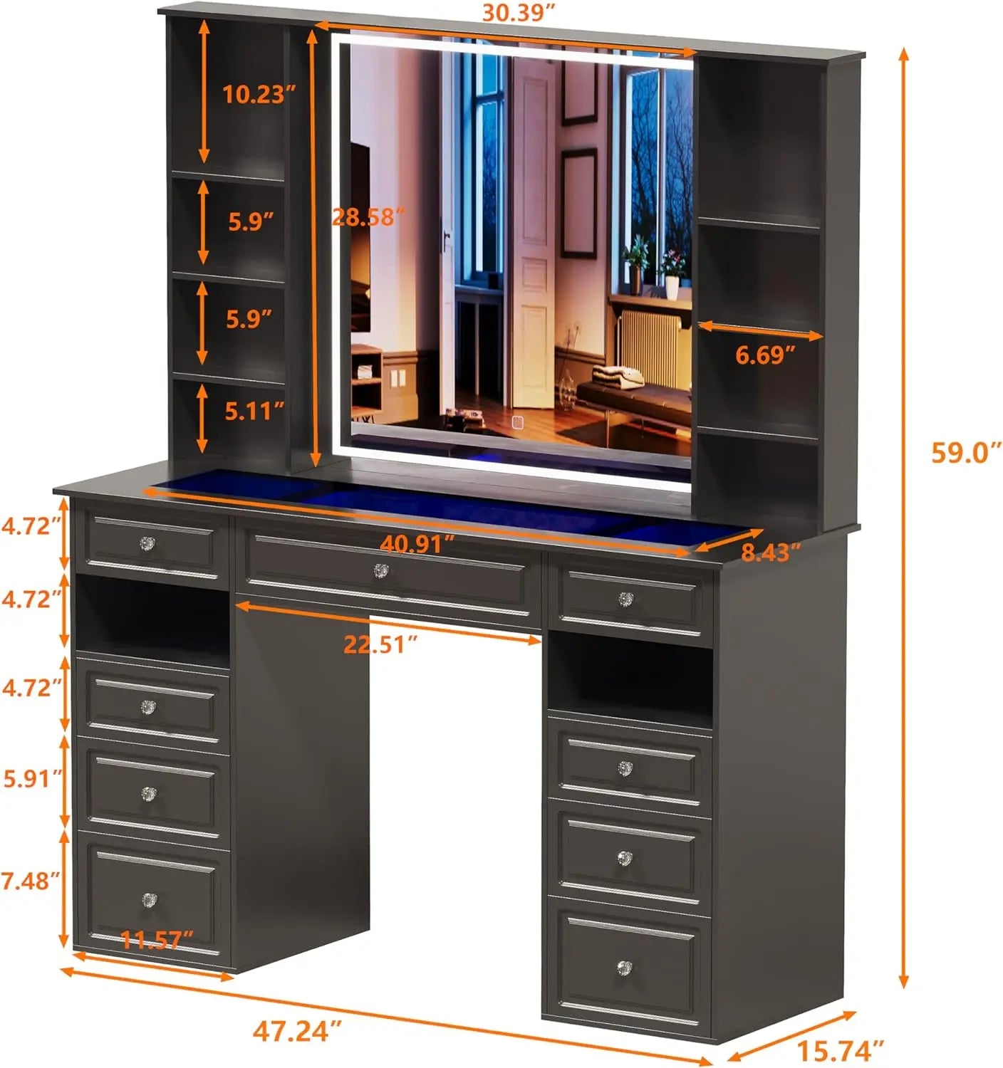 Vanity Table with Mirror and Light Storage Dresser with 9 Drawers