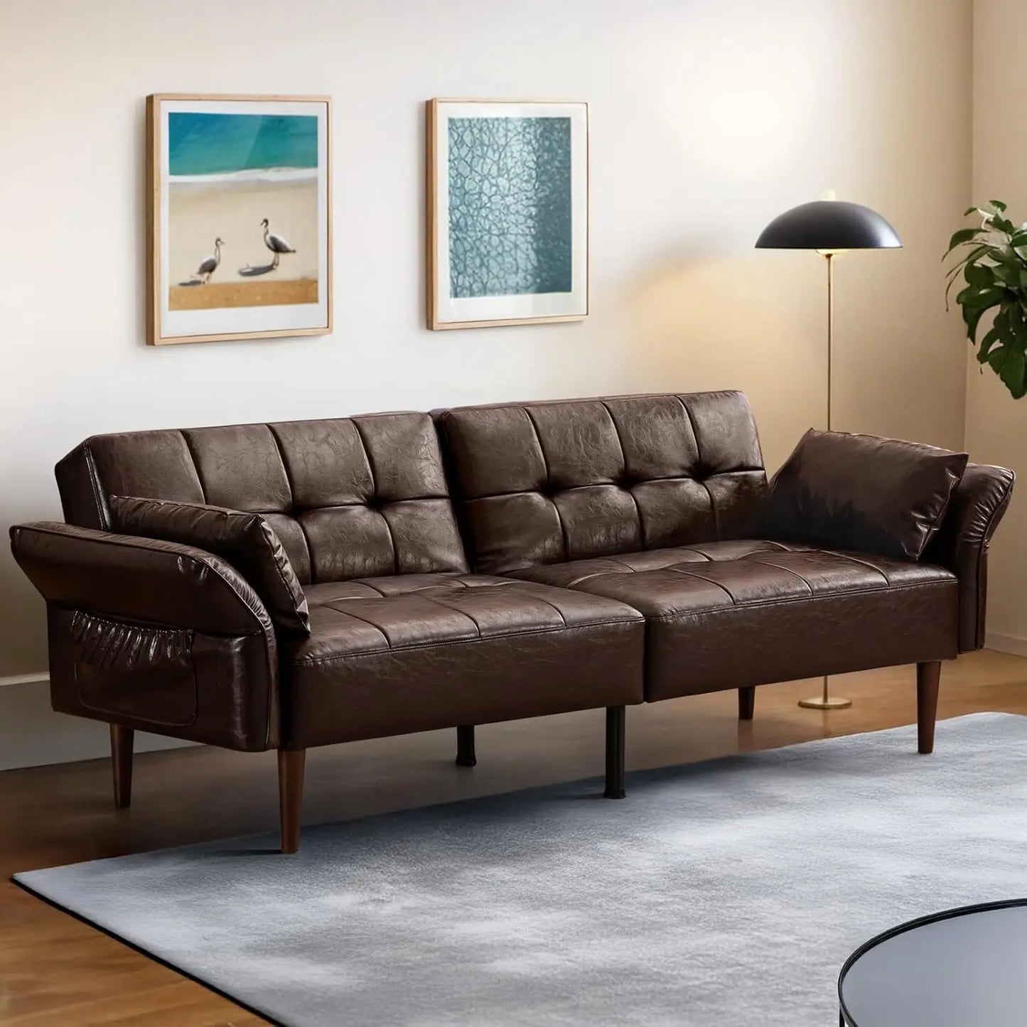 85 Inch Mid Century Modern Faux Leather Futon Sofa Bed Couch Storage