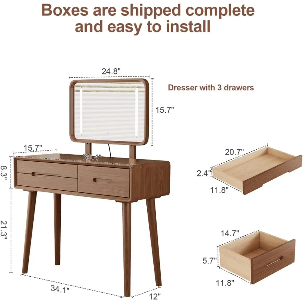 Solid Wood Makeup Vanity Desk with Adjustable LED Mirror Lighting