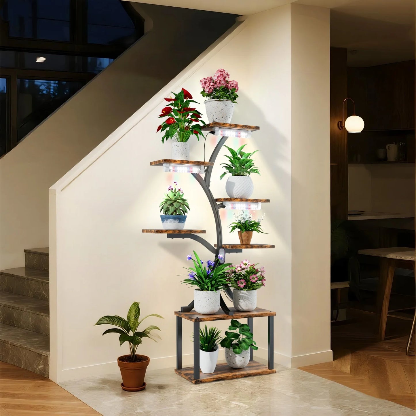 7 Tier Tree Shaped Plant Stand Metal Flower Pot Display Holder Lights