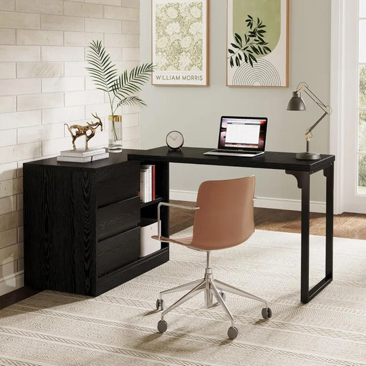 L-Shaped Computer Desk with Drawers Shelves Reversible Corner Office Desk
