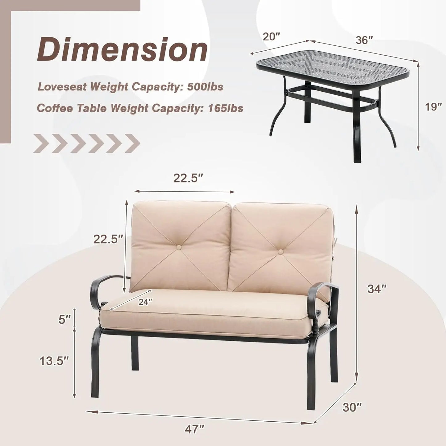 Outdoor Patio Loveseat Set with Thick Cushions and Coffee Table