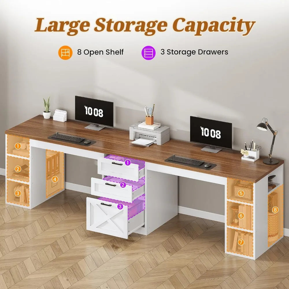 Farmhouse 96.5 Inch Computer Desk Double Desk with Storage Shelves