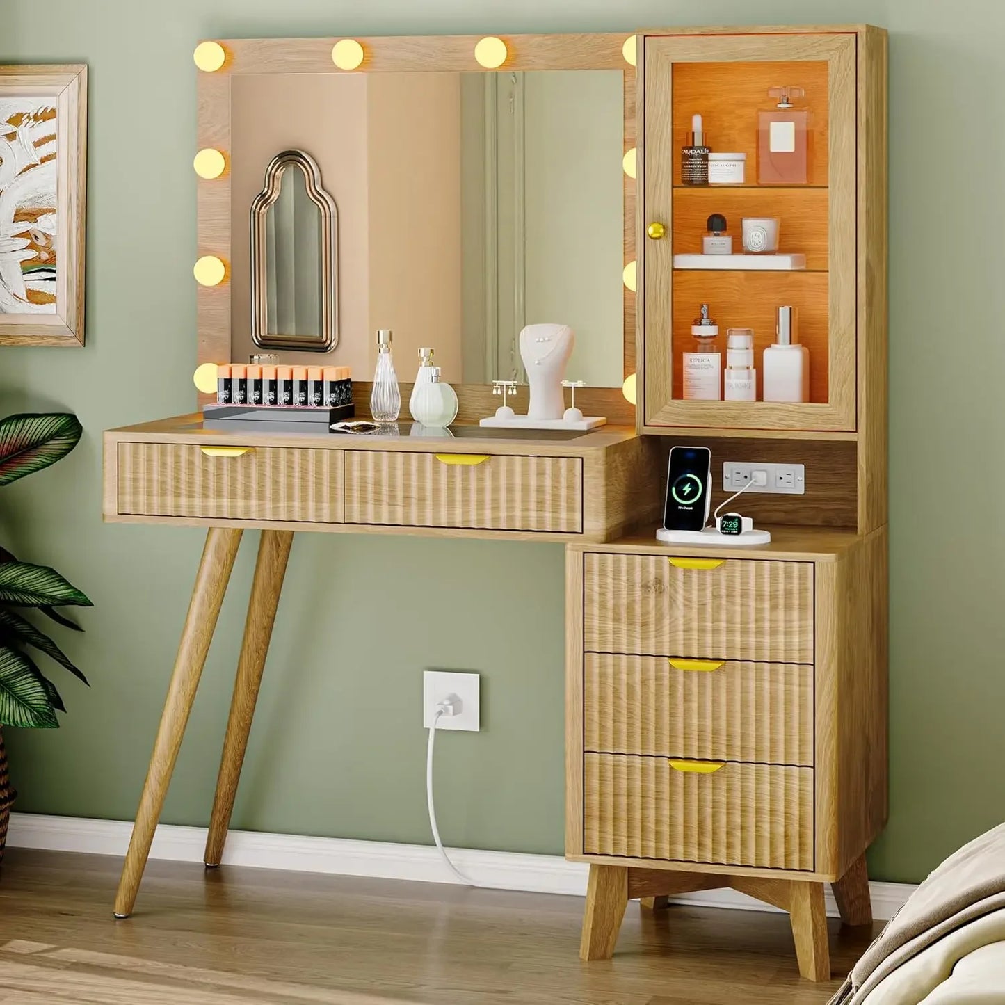 Fluted Vanity Desk with Mirror Lights 5 Drawers Power Outlet Storage