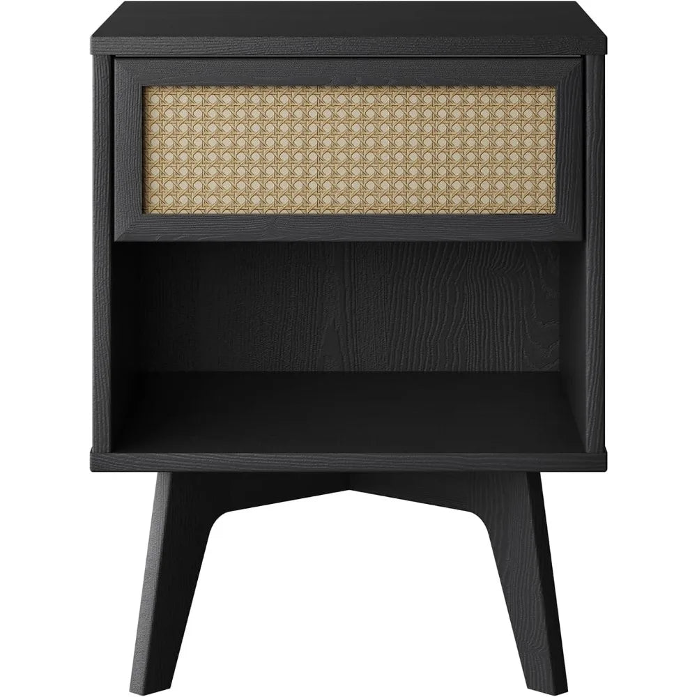 Boho Nightstand Rattan Drawer Open Shelf Black Wood Mid Century Modern