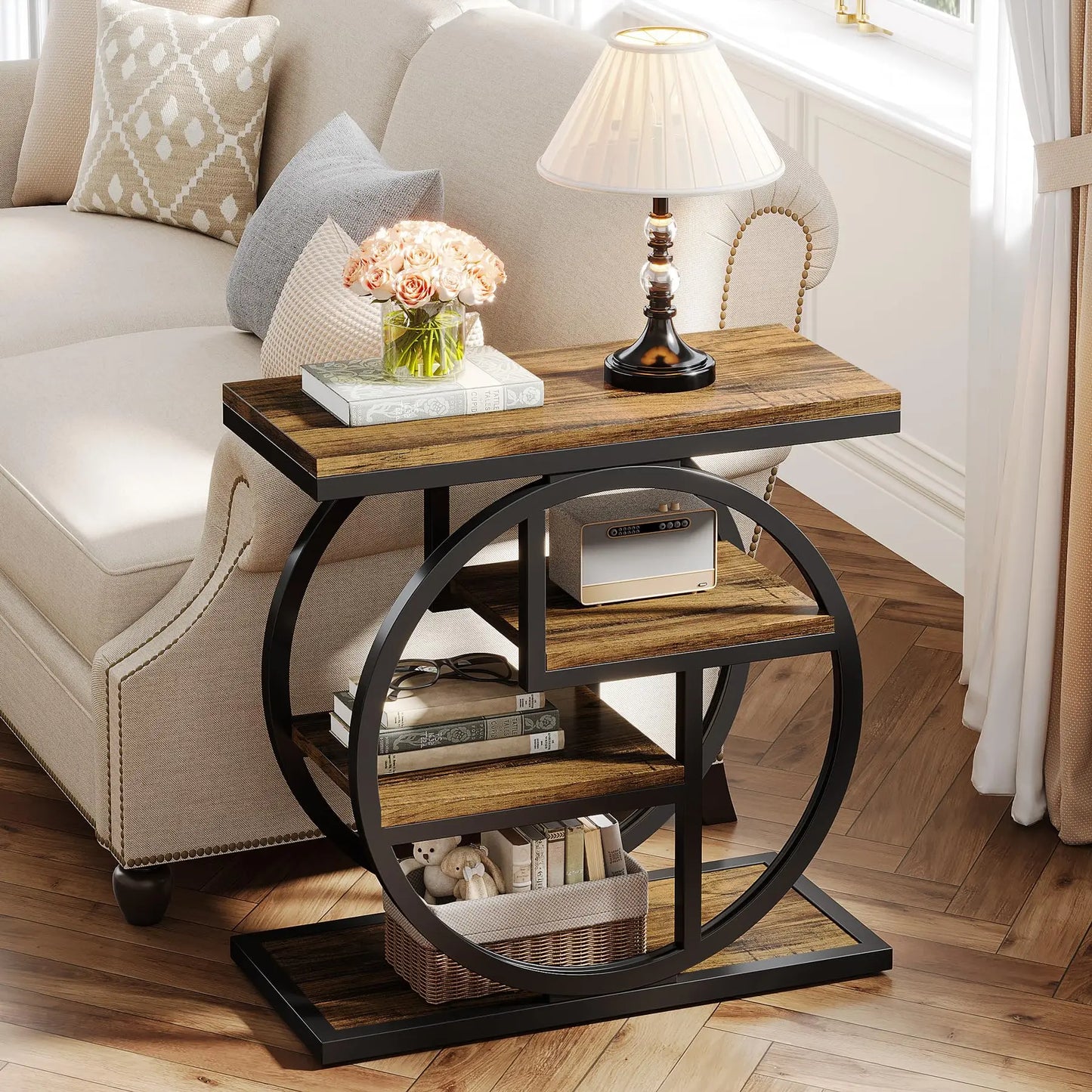 Ljustra Industrial 4-Tier End Table with Storage Shelves for Living Room