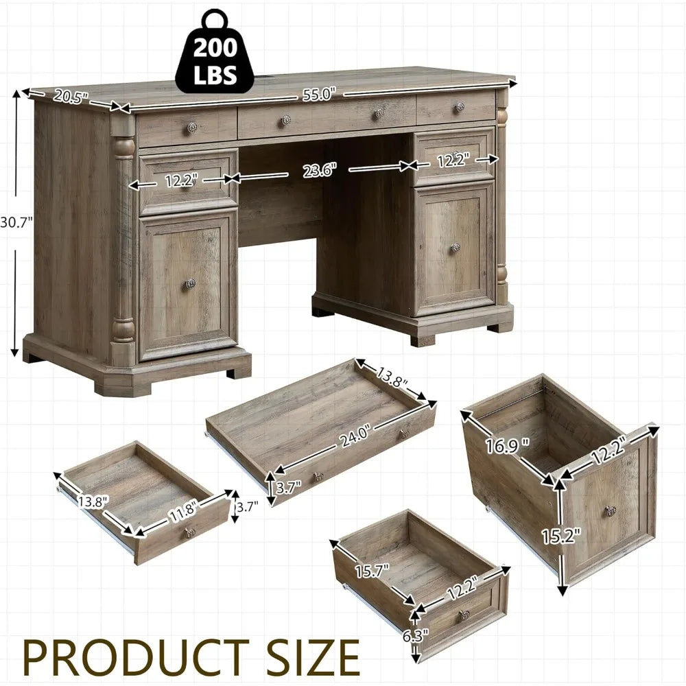 55 Inch Executive Desk with 7 Drawers and Built-In USB Outlet