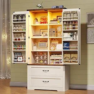 Farmhouse Kitchen Pantry Storage Cabinet Freestanding Hutch Drawers Shelves
