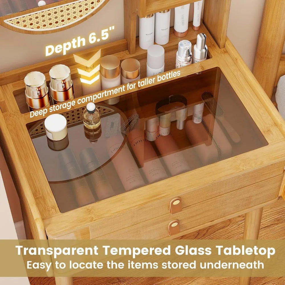 Small Bamboo Vanity Desk with Mirror Glass Top Storage Shelves