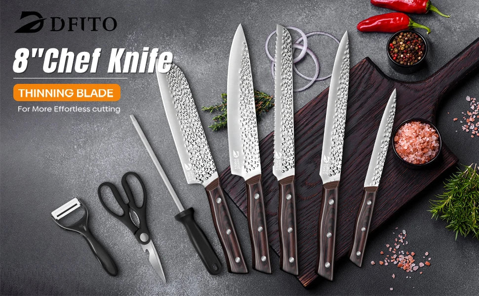 8pcs Chef Knife Set Hammer Pattern Sharp Blade Meat Salmon Slicing Knives