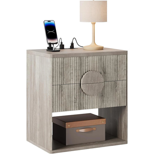 Large Fluted Nightstand with Drawers Modern Bedside Table 22.7" Wide